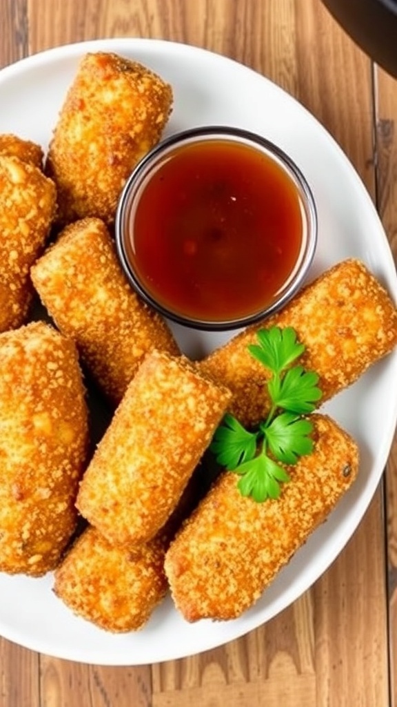 Crispy air fryer steak fingers served with dipping sauce and garnished with parsley.